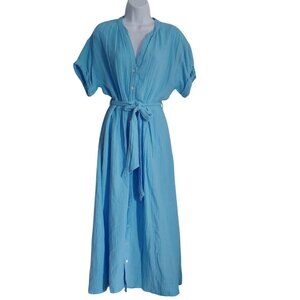Xirena Cate Dress Gauze Fiji Blue Resort Cruise Button Down Belted Dress S
